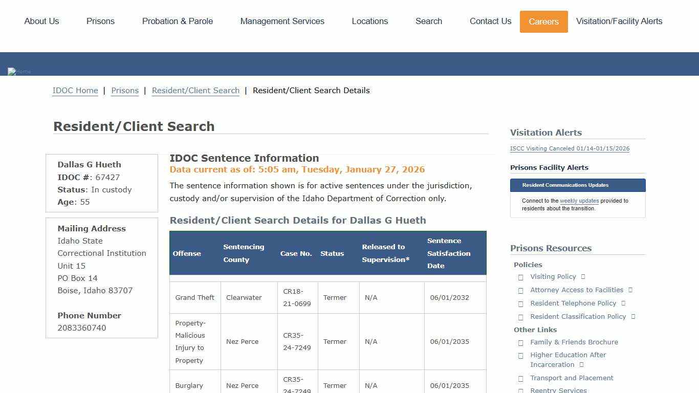 Resident/Client Search Details Idaho Department of Correction